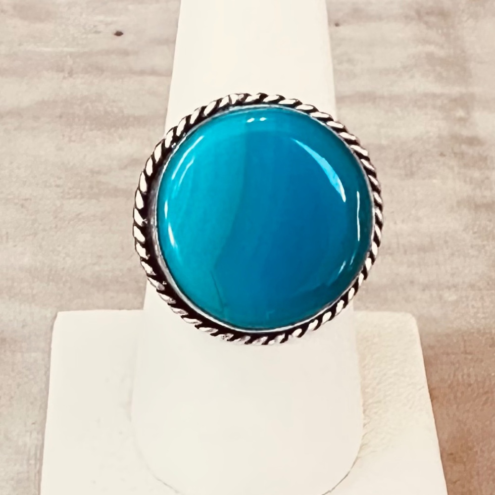 Blue Dyed Agate Ring Large Round Cabochon Artisan Style Statement Ring Sz 8-1/2
